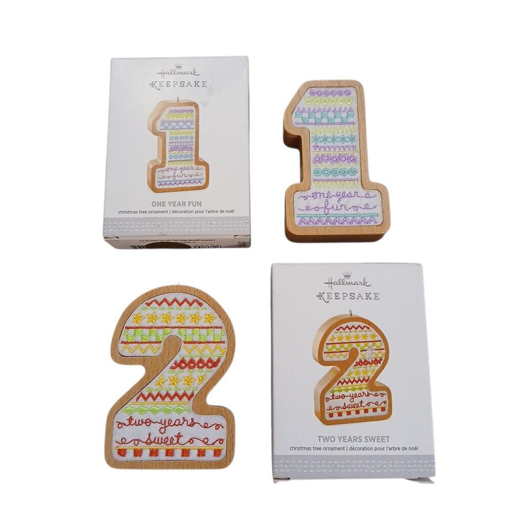 Hallmark Wood & Fabric 1 Year‎ Fun 2 Year Sweet Birthday Ornaments GUC in Boxes
